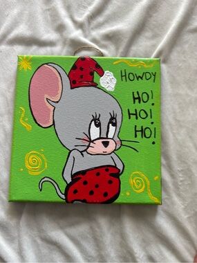 Hand-Painted Mouse Canvas Wall Art in Bright Green and Red